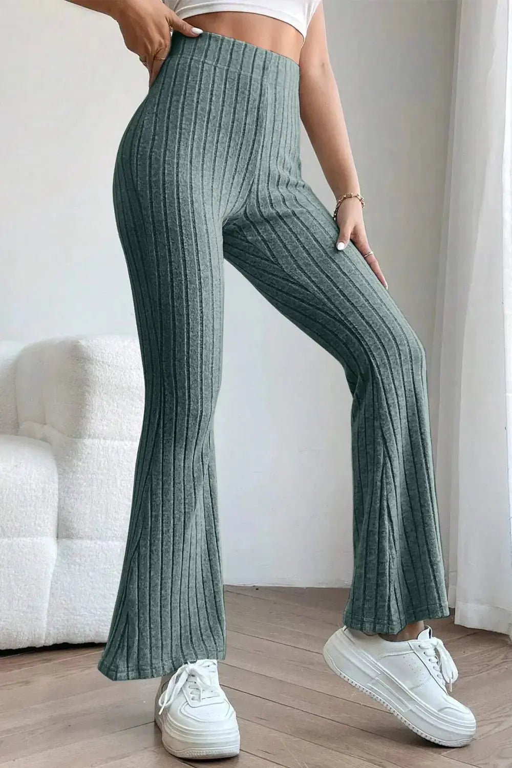 Basic Bae Full Size Ribbed High Waist Flare Pants - Love Salve